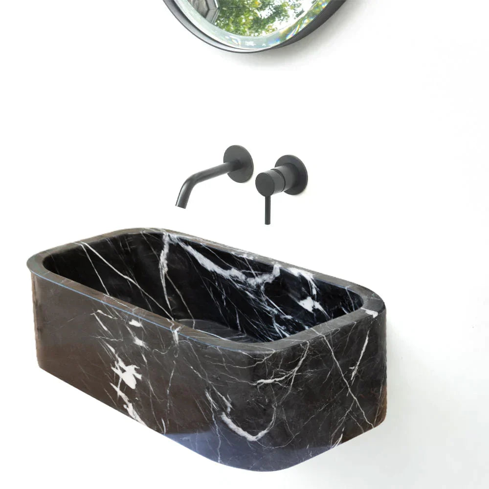 Toros Black Marble Rectangular Wall-mount Bathroom Sink (W)12