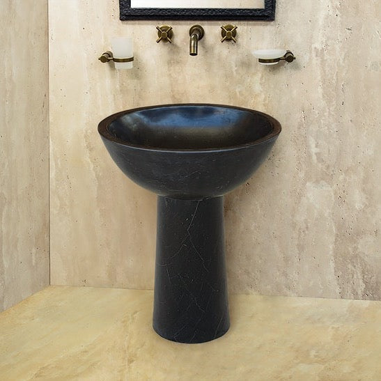 Toros Black Marble Natural Stone Stand-Alone Pedestal Oval Top Sink (W)17