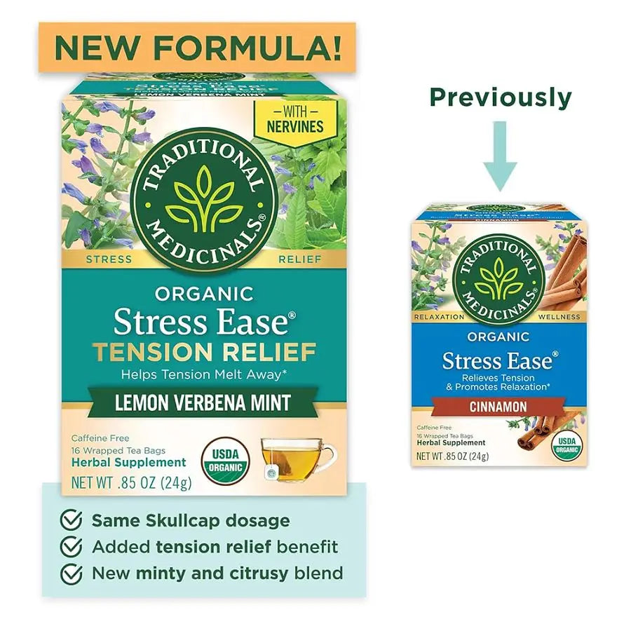 Traditional Medicinals Organic Stress Ease Tension Relief Lemon Verbena Mint Tea - Case Of 6 - 16 Bags