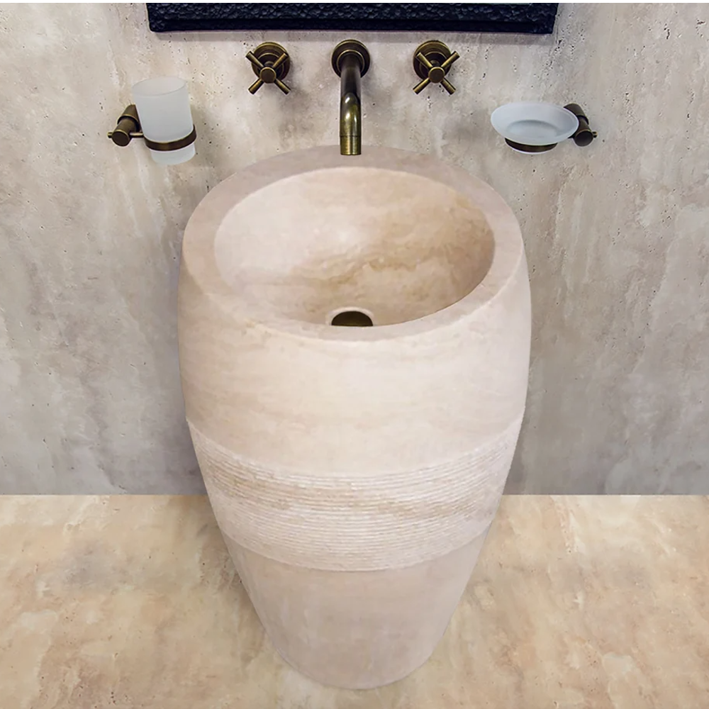 Troia Light Travertine Pedestal Stand-alone Sink Curved Honed (D)16