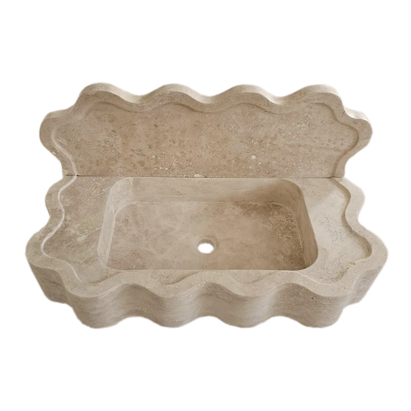Tuscany Beige Travertine Wall-mount Wavy Edges Bathroom Sink with 5" Backsplash
