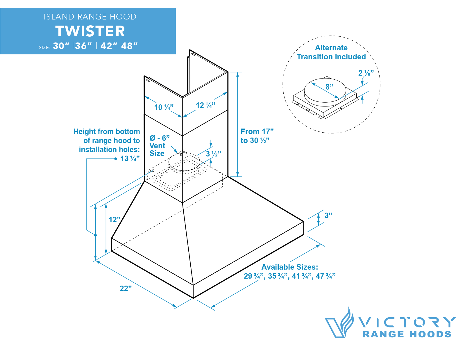 30 Inch 750 CFM Wall Mount Range Hood - VICTORY Twister