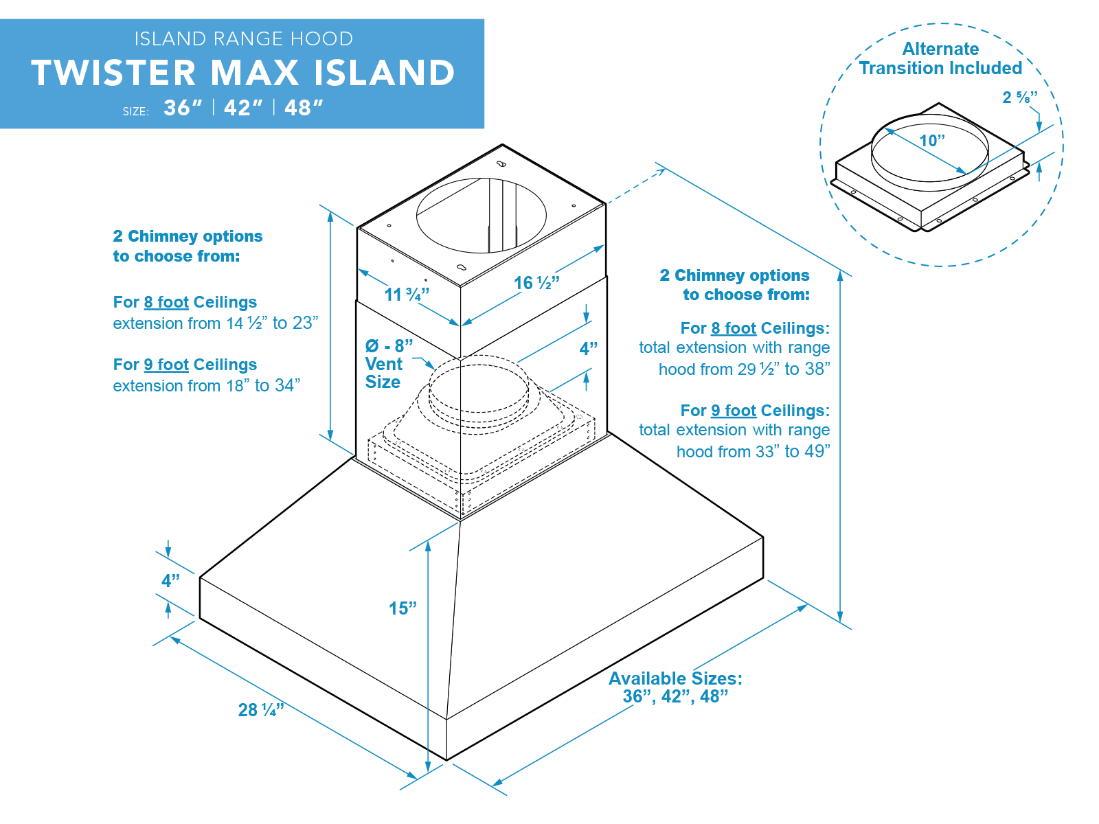 36 Inch Island Range Hood 1200 CFM - VICTORY Twister MAX Island