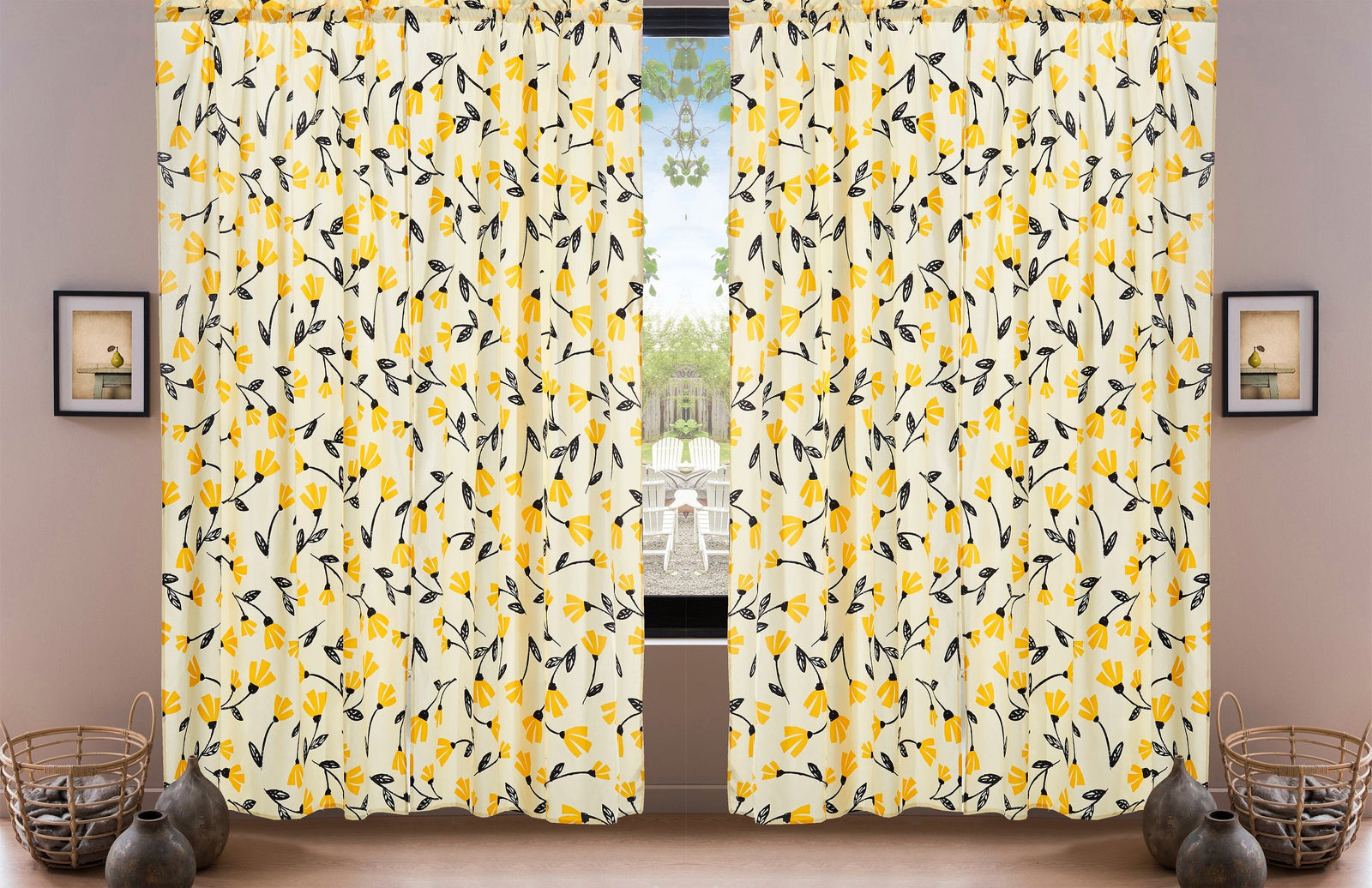 DaDa Bedding Set of 2 Botanical Floral Window Curtain Panels - Natural Semi Sheer Yellow Fleur Golden Orange Spring Time Tulips Straight Tailored Edge