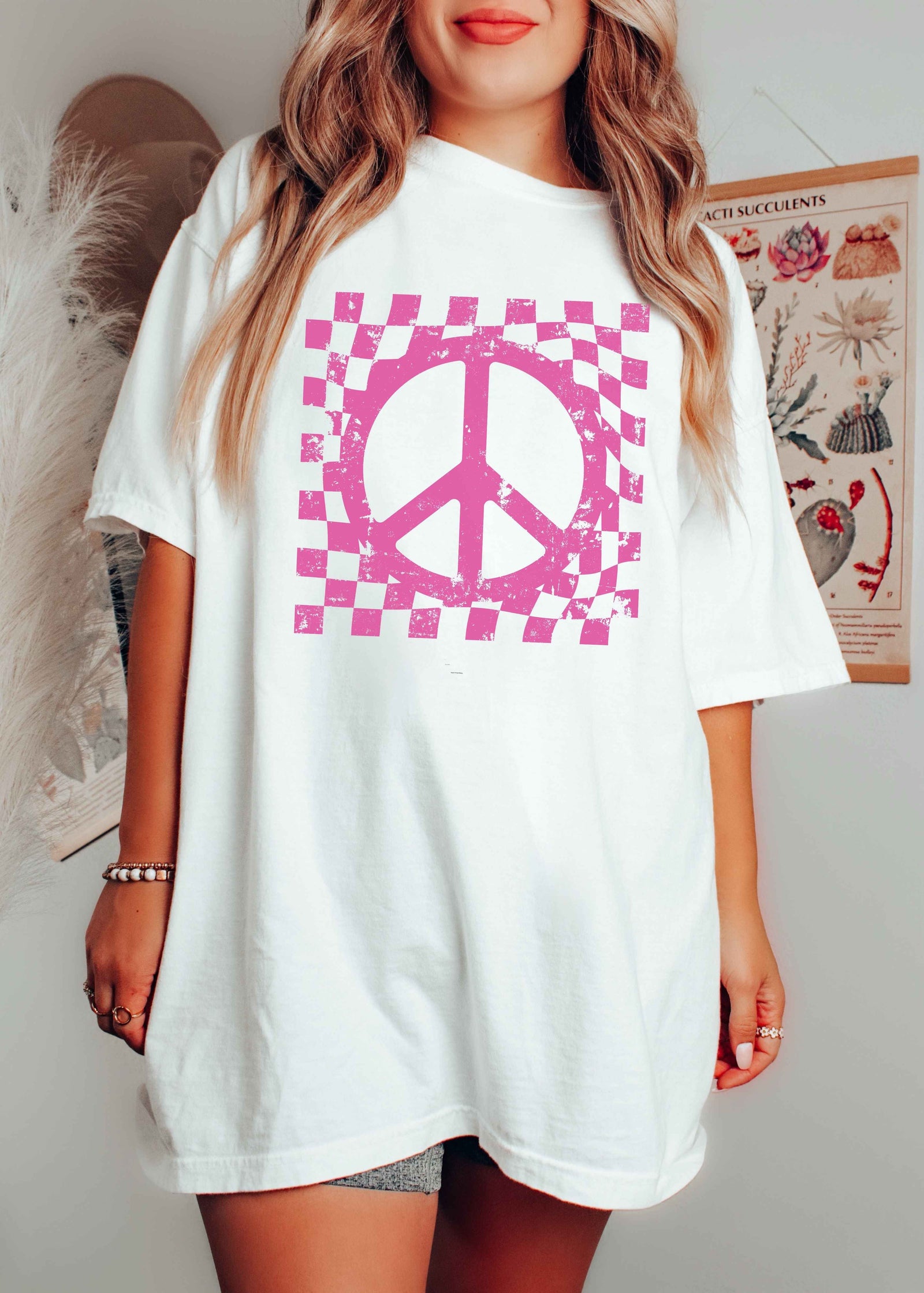 Checkered Peace Sign Tee *12 Colors (S-3X)