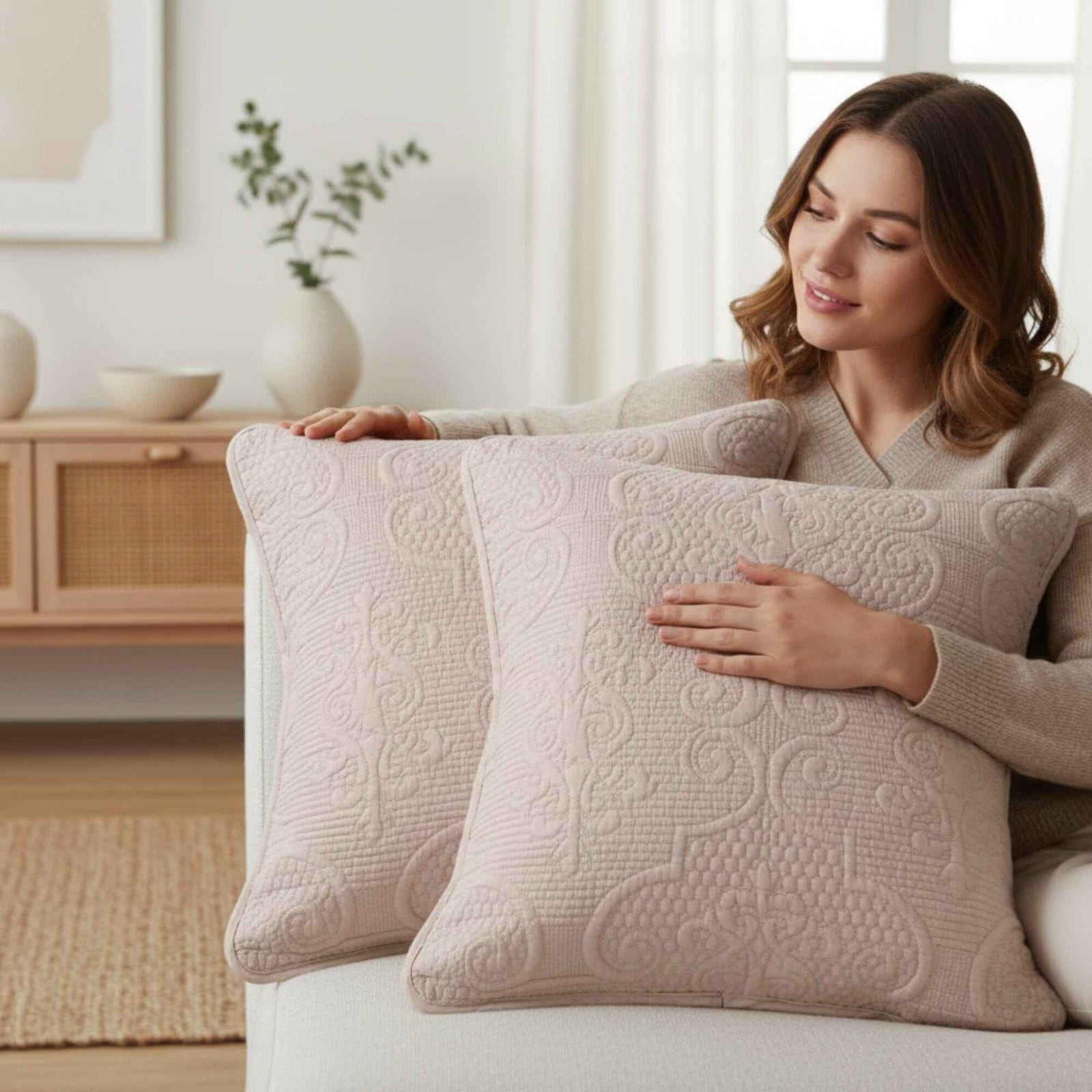 DaDa Bedding Set of 2-Pieces Sandy Beige Taupe Square Cushion Throw Pillow Covers, 18