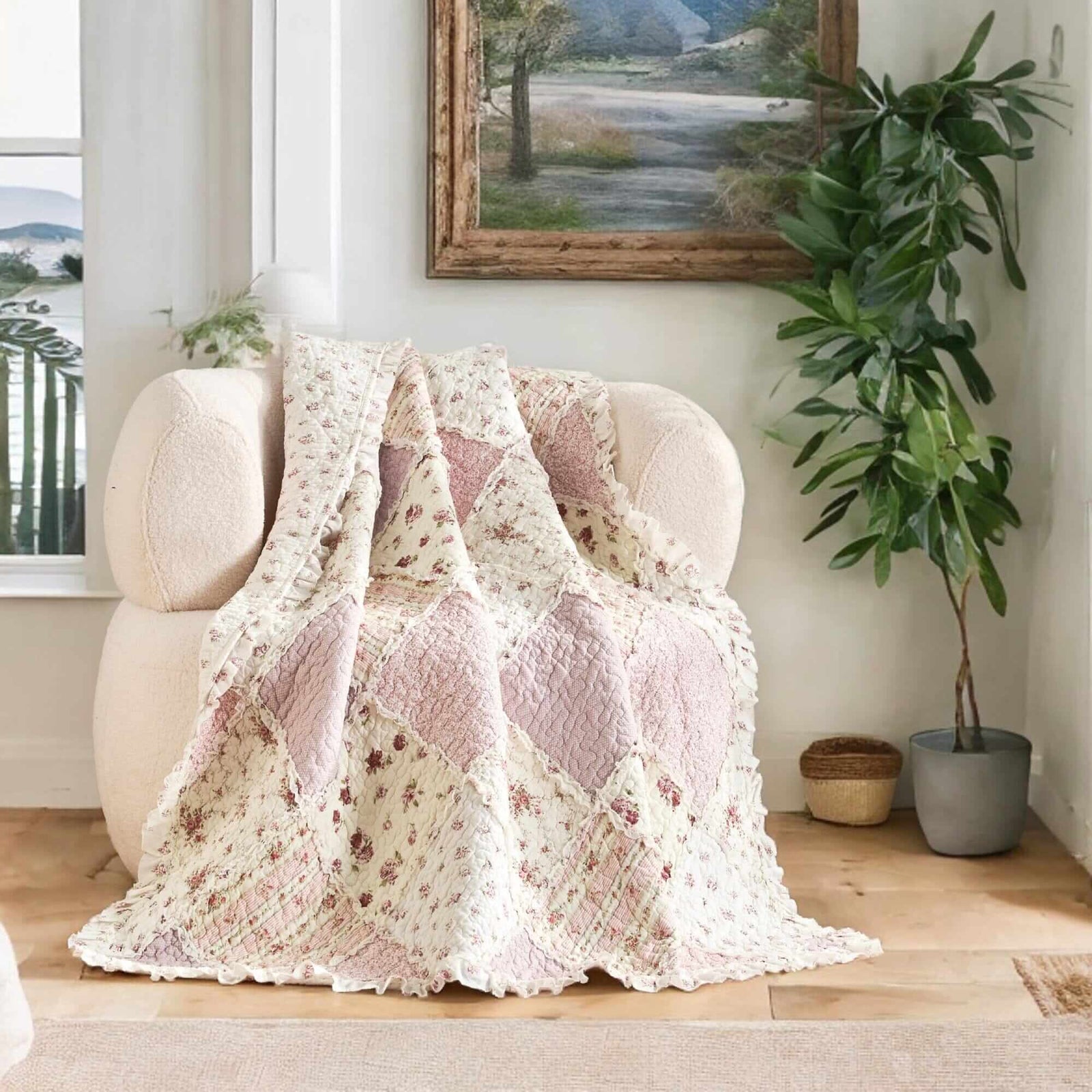 DaDalogy Cotton Patchwork Throw Blanket - Floral Cottage Quilted Reversible Blush Pink & Cream Shabby Chic Botanical Ruffle Design - Vintage Garden Rose Pastel Accents (3031)- 50 x 60