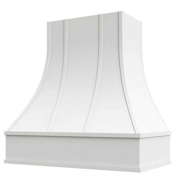 White Range Hood With Curved Strapped Front and Block Trim - 30