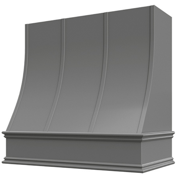 Grey Wood Range Hood With Sloped Strapped Front and Decorative Trim - 30