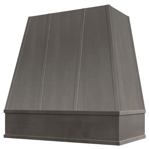 Stained Gray Wood Range Hood With Tapered Strapped Front and Block Trim - 30