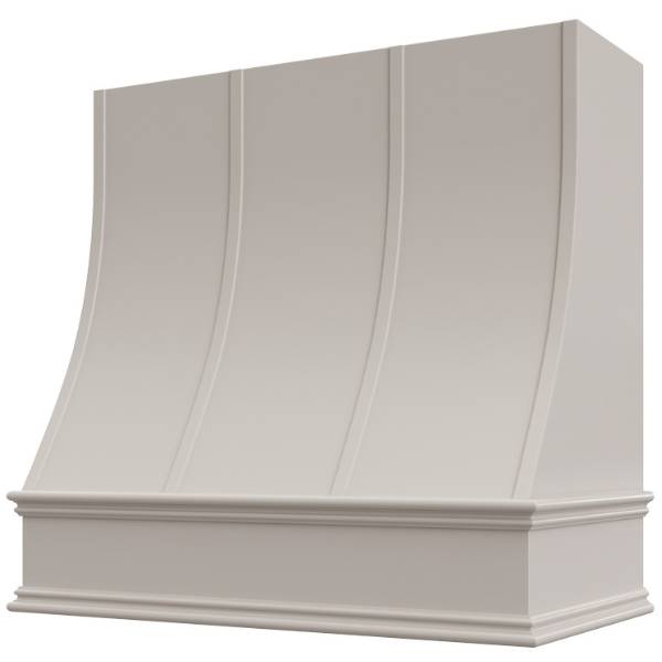 Light Grey Wood Range Hood With Sloped Strapped Front and Decorative Trim - 30