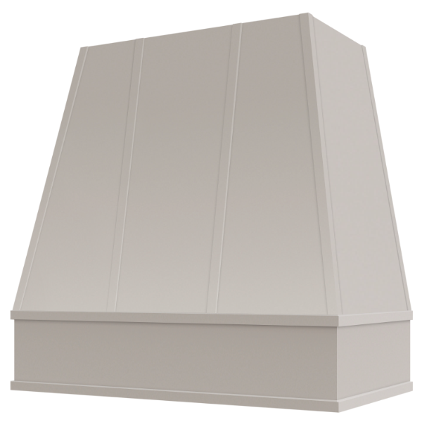 Light Grey Wood Range Hood With Tapered Strapped Front and Block Trim - 30