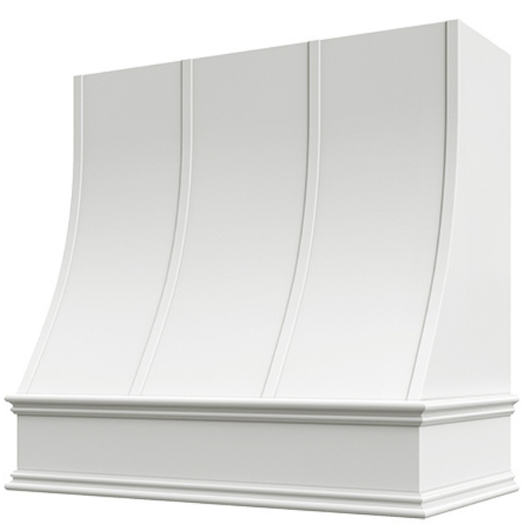 White Wood Range Hood With Sloped Strapped Front and Decorative Trim - 30