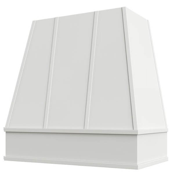 White Wood Range Hood With Tapered Strapped Front and Block Trim - 30