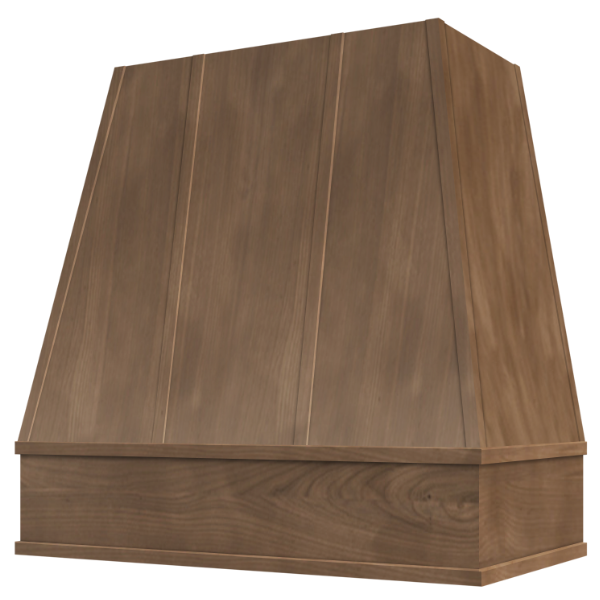 American Walnut Wood Range Hood With Tapered Strapped Front and Block Trim - 30
