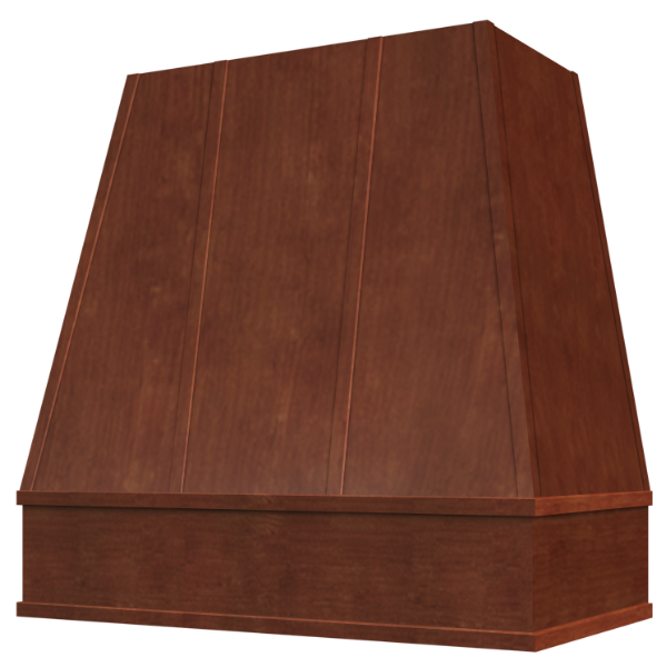 Chocolate Wood Range Hood With Tapered Strapped Front and Block Trim - 30