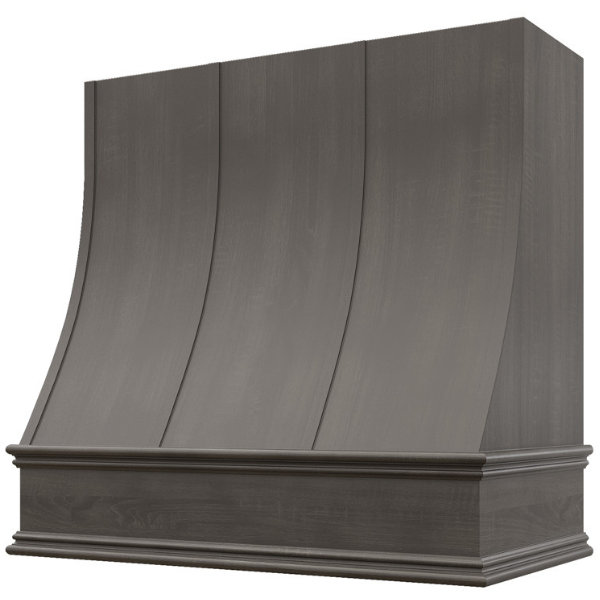 Stained Gray Wood Range Hood With Sloped Strapped Front and Decorative Trim - 30