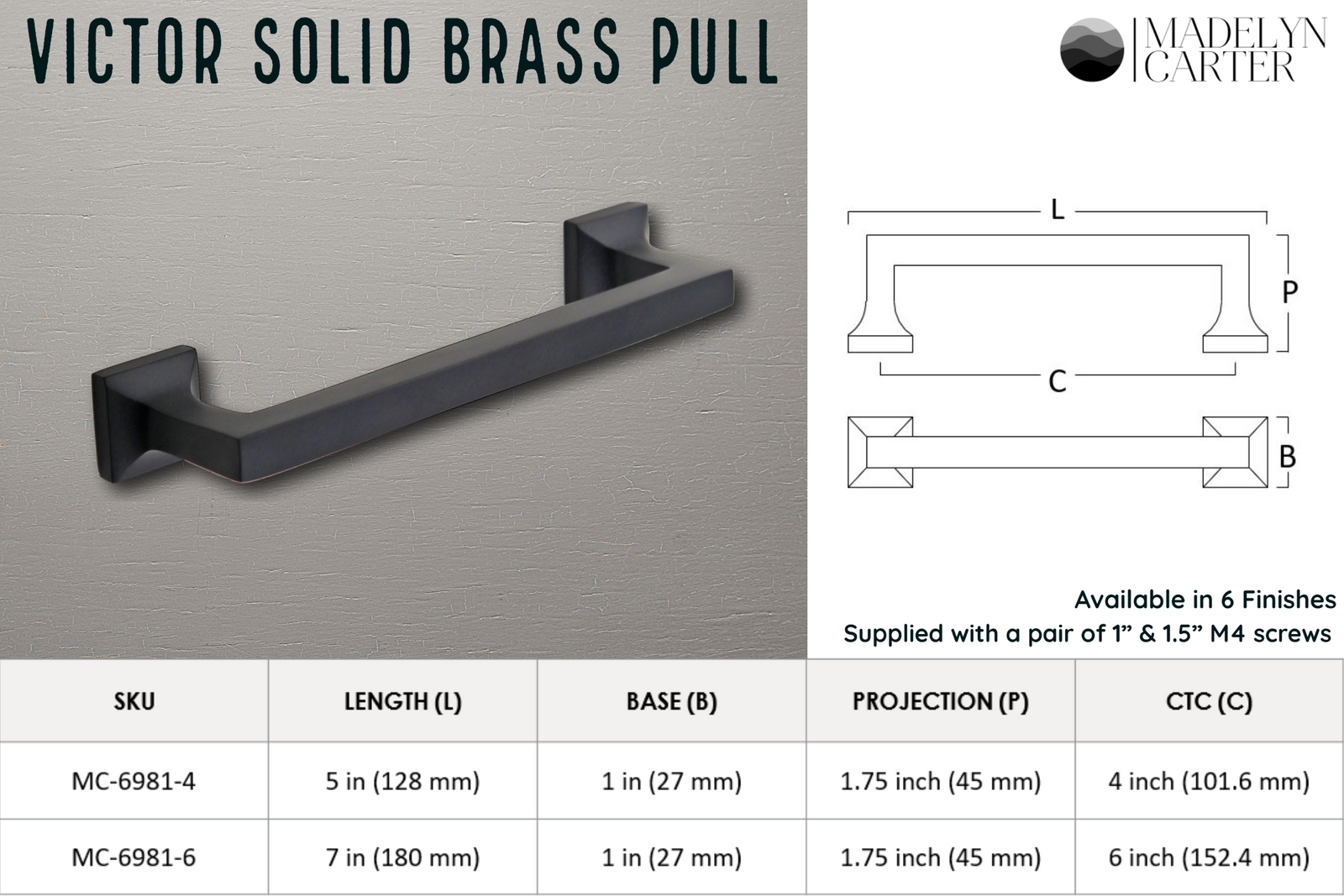 Victor Solid Brass Drawer Pull - 4 Inch Centers
