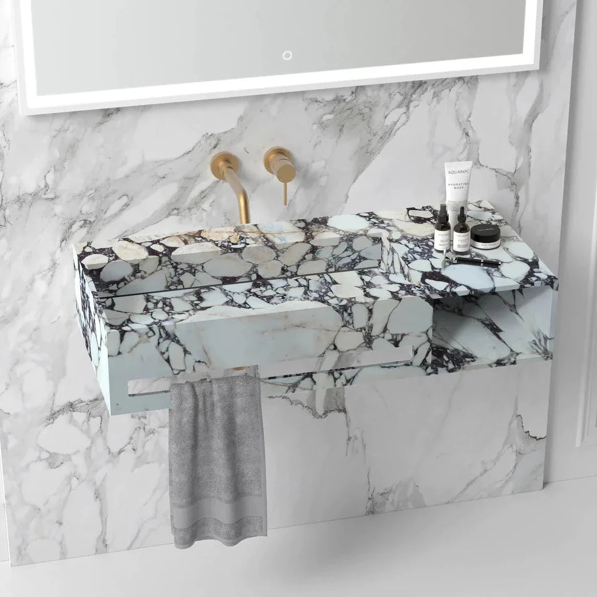Calacatta Viola Marble Wall-mount Bathroom Sink Hidden Drain with Towel Holder and Shelf (W)18" (L)37" (H)8"