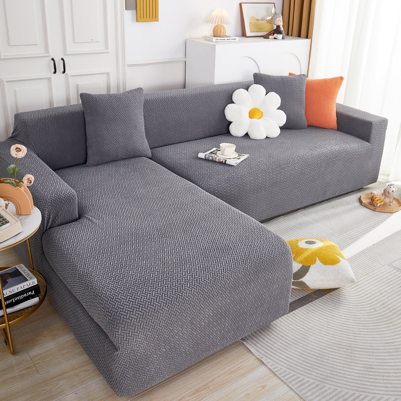 L Shape Couch Covers Stretch Slipcovers Furniture Protector with 1pcs Free Pillowcases