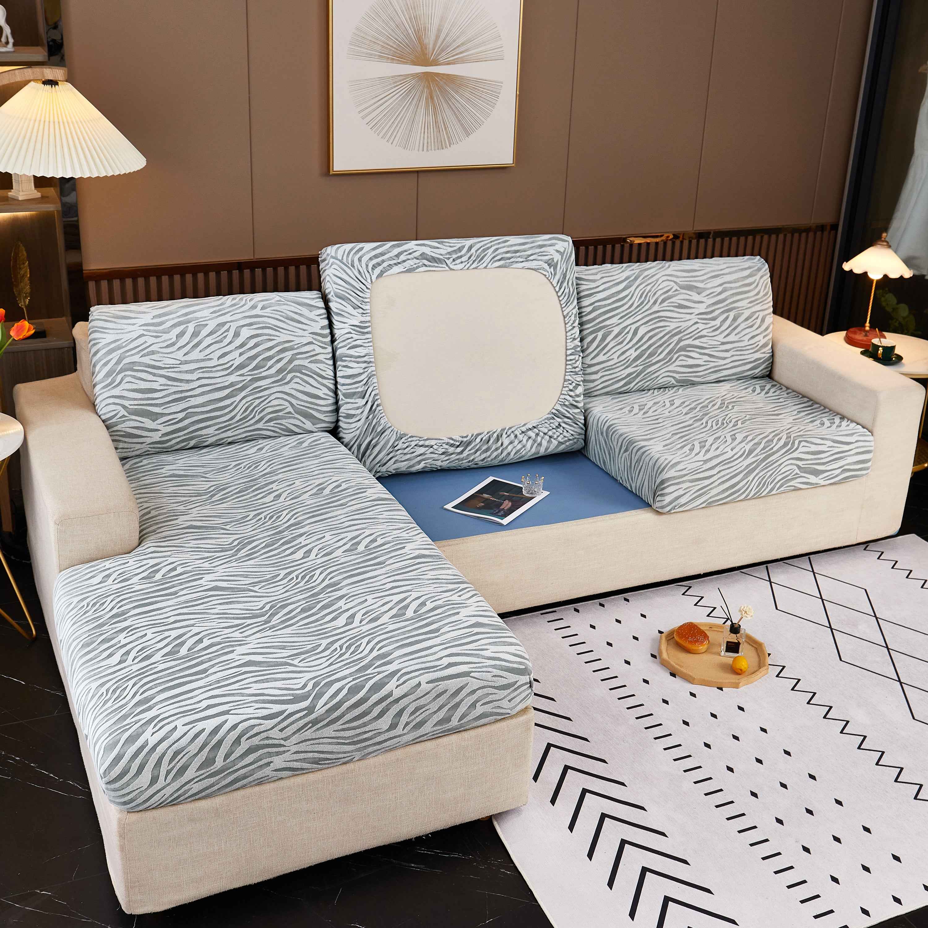Striped Jacquard Fleece Furniture Covers Stretchable Non-Slip Cushion Covers for L-Shaped Couch, Pets