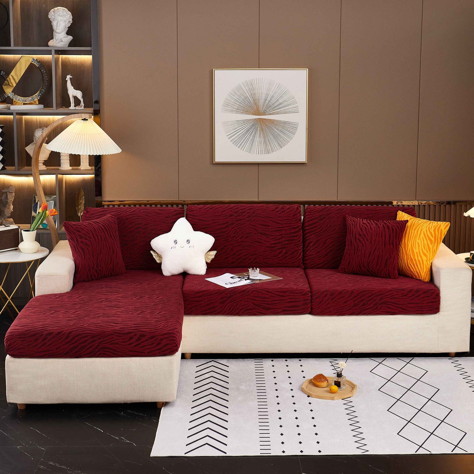 Striped Jacquard Fleece Furniture Covers Stretchable Non-Slip Cushion Covers for L-Shaped Couch, Pets