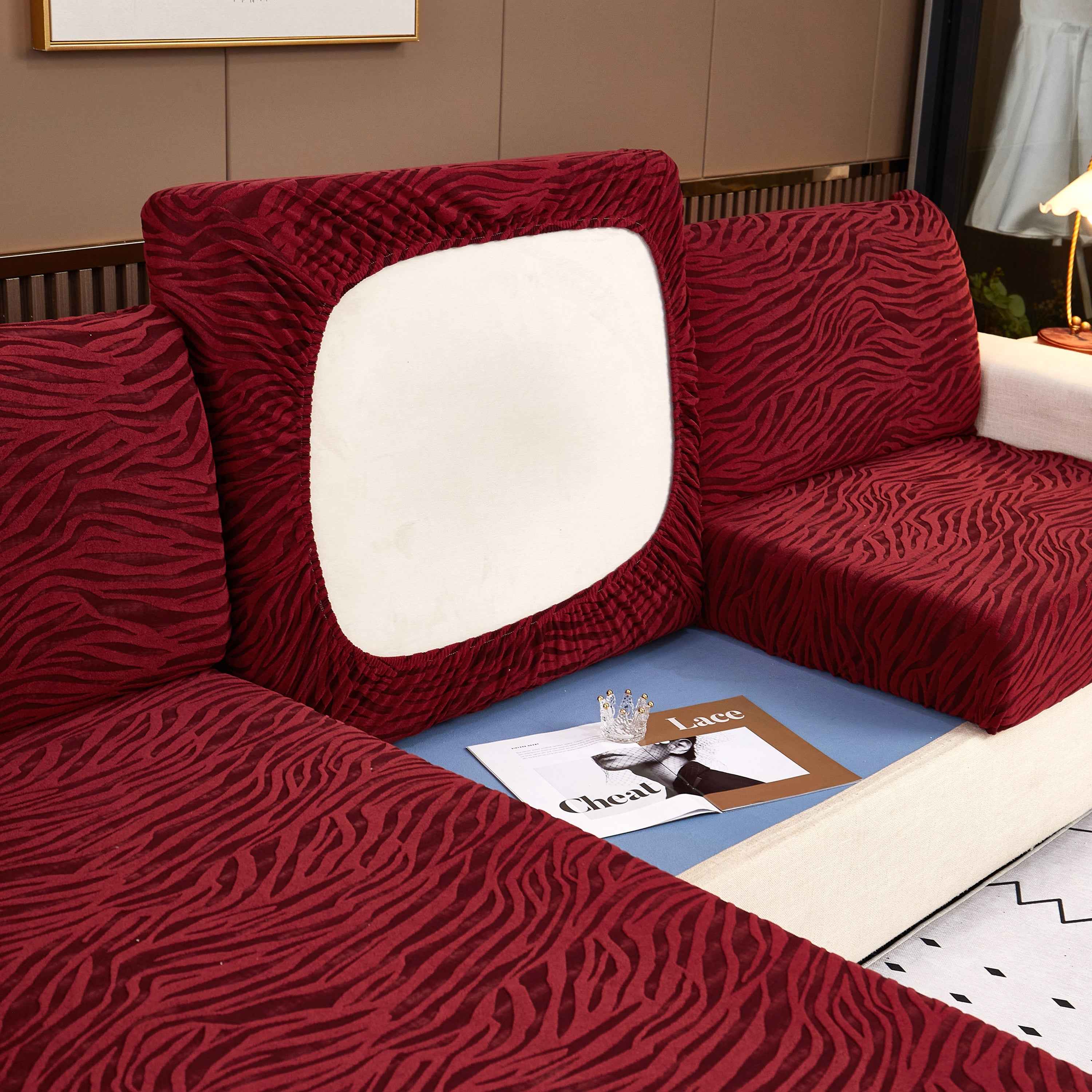 Striped Jacquard Fleece Furniture Covers Stretchable Non-Slip Cushion Covers for L-Shaped Couch, Pets