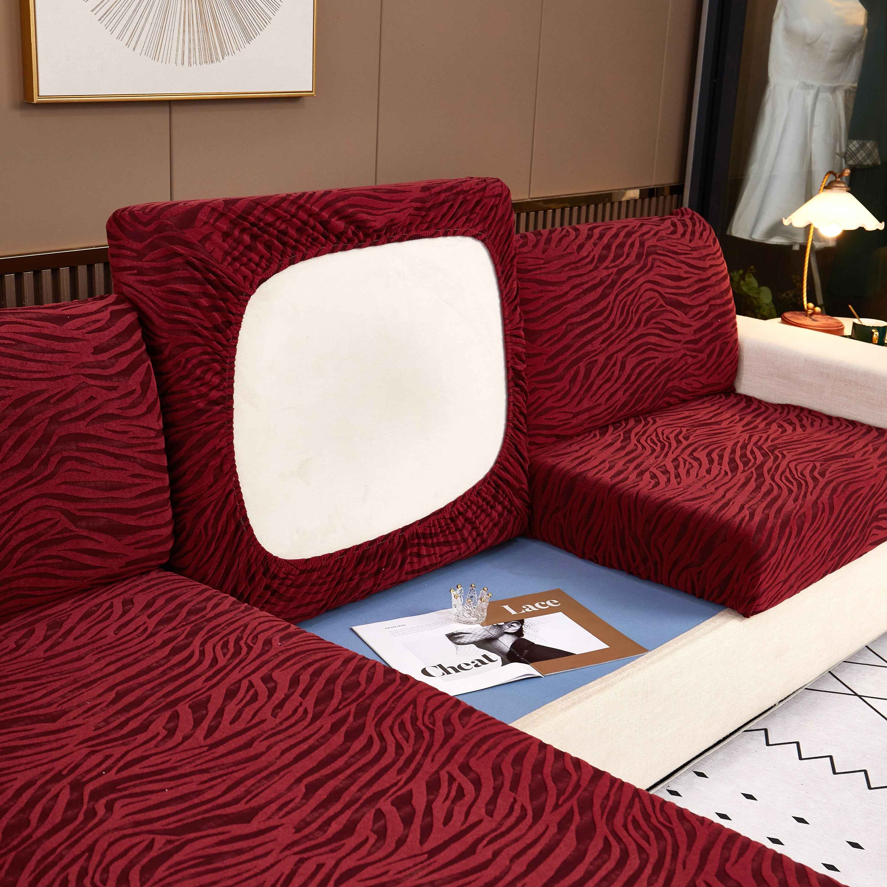 Striped Jacquard Fleece Furniture Covers Stretchable Non-Slip Cushion Covers for L-Shaped Couch, Pets