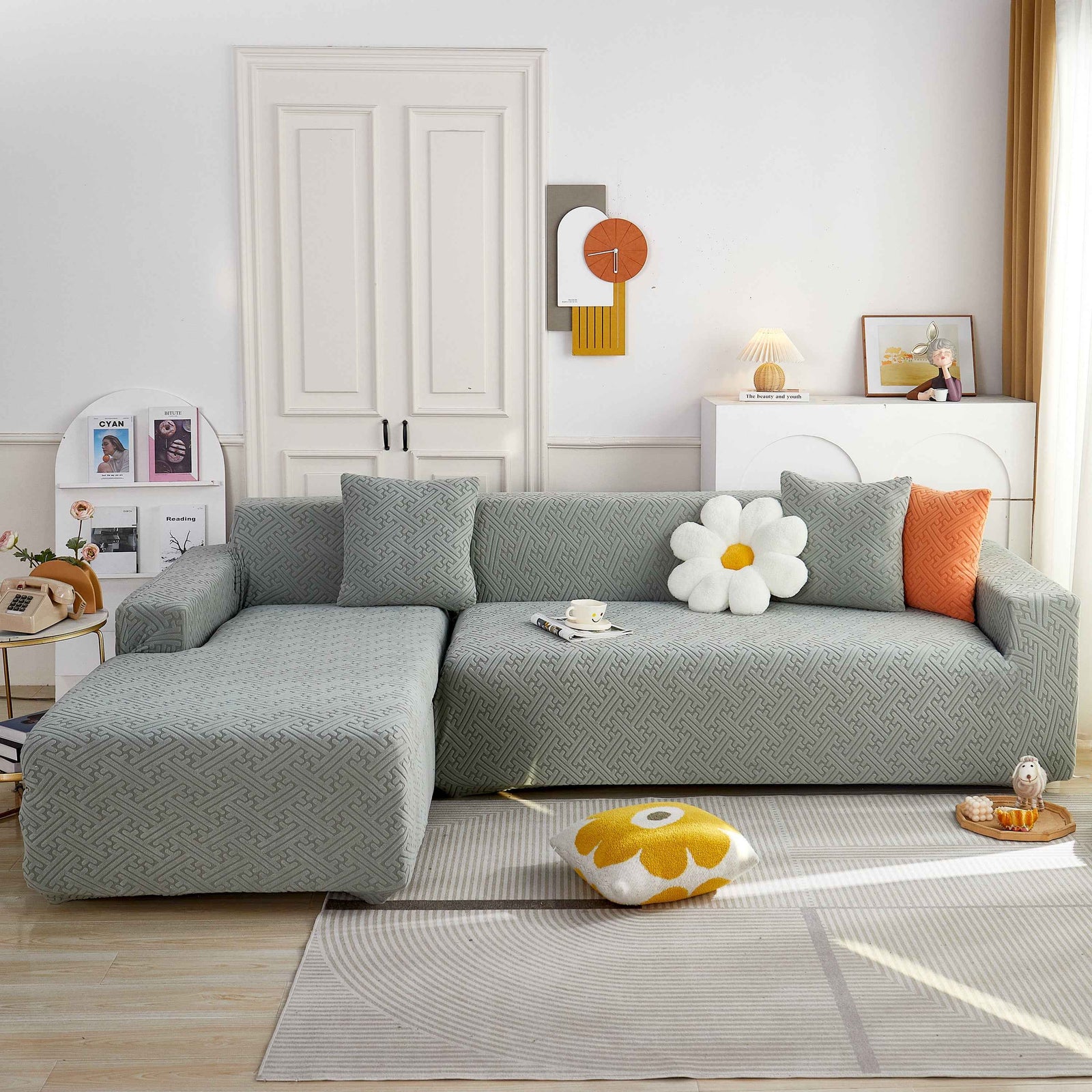 L Shape Sectional Sofa Cover Soft Stretch Furniture Protector Couch Slipcover with 1pcs Free Pillowcases