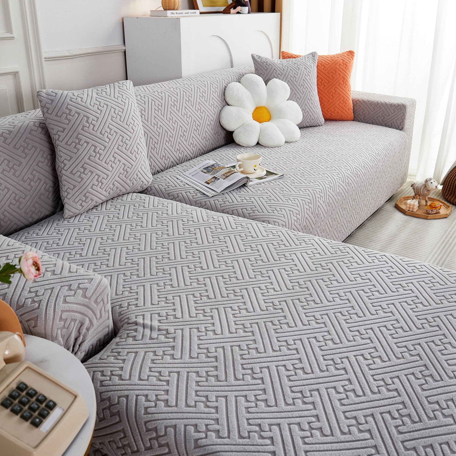 L Shape Sectional Sofa Cover Soft Stretch Furniture Protector Couch Slipcover with 1pcs Free Pillowcases
