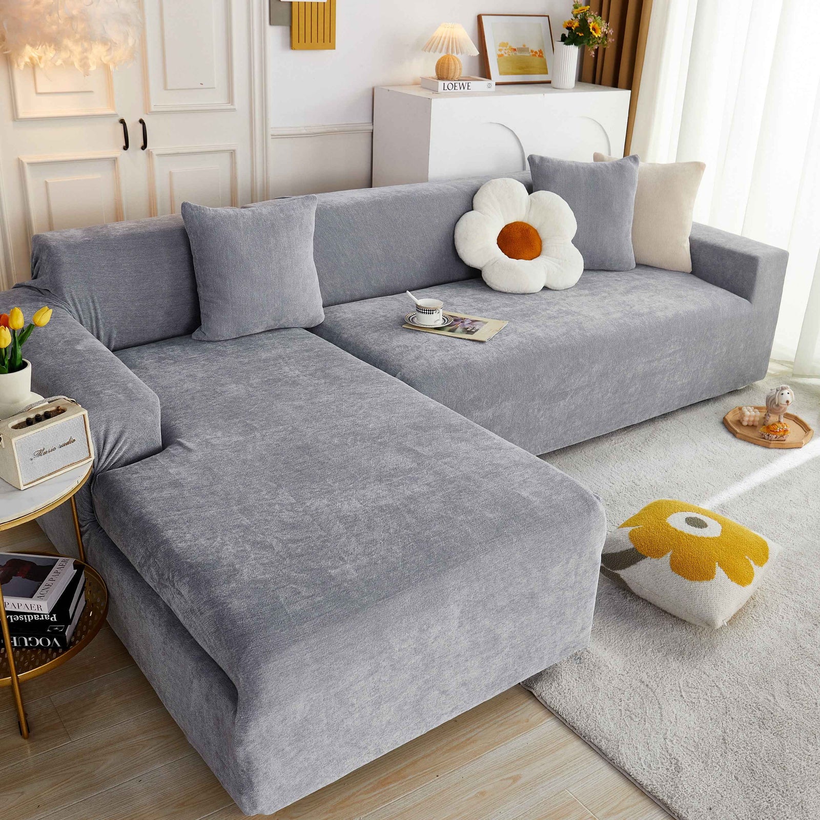 L Shape Couch Cover Stretch Soft Sectional Sofa Cover Furniture Protector Slipcover for Couch with 1pcs Free Pillowcases