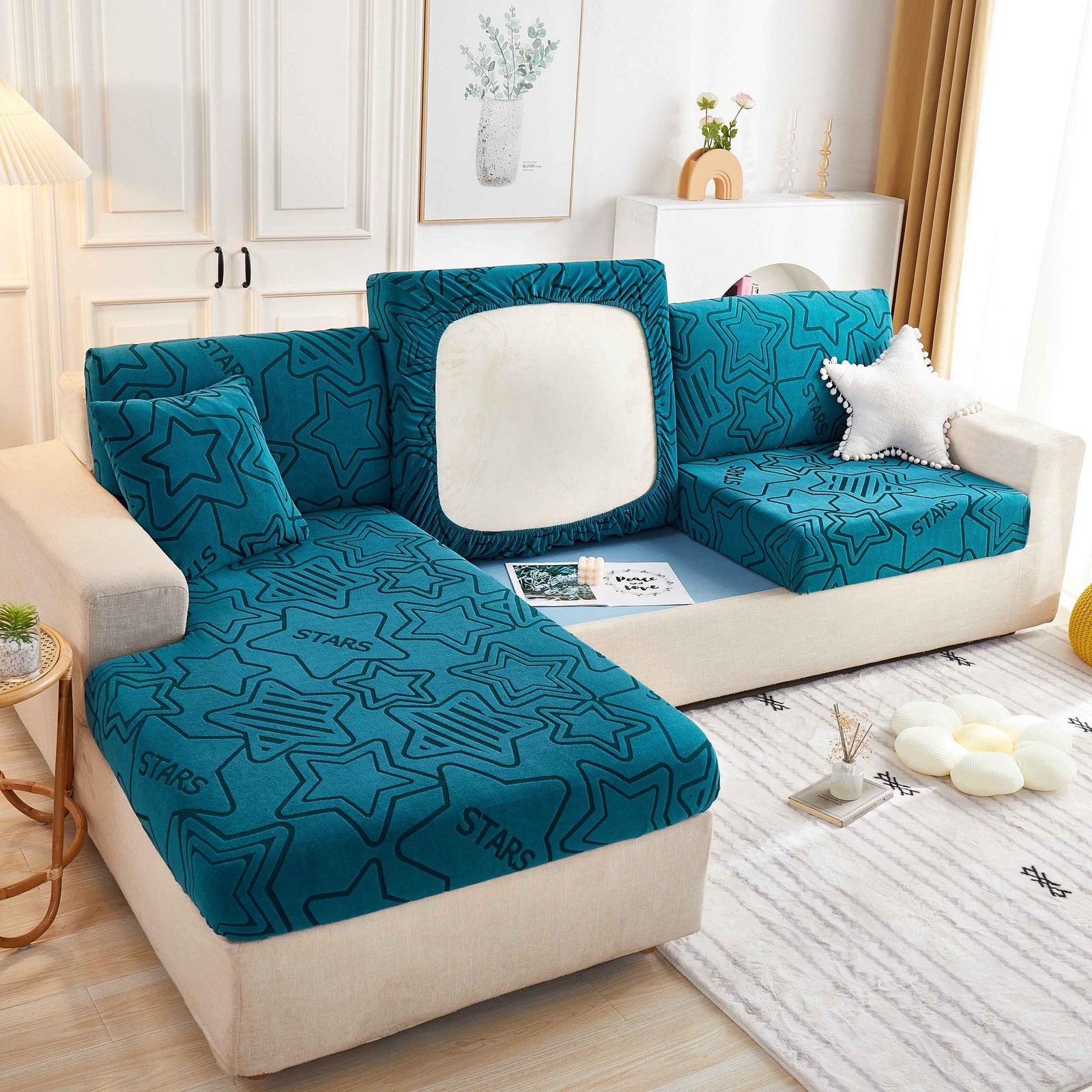 Starry Sky Jacquard Fleece Stretchable Non-Slip Cushion Covers Furniture Covers for L-Shaped Couch