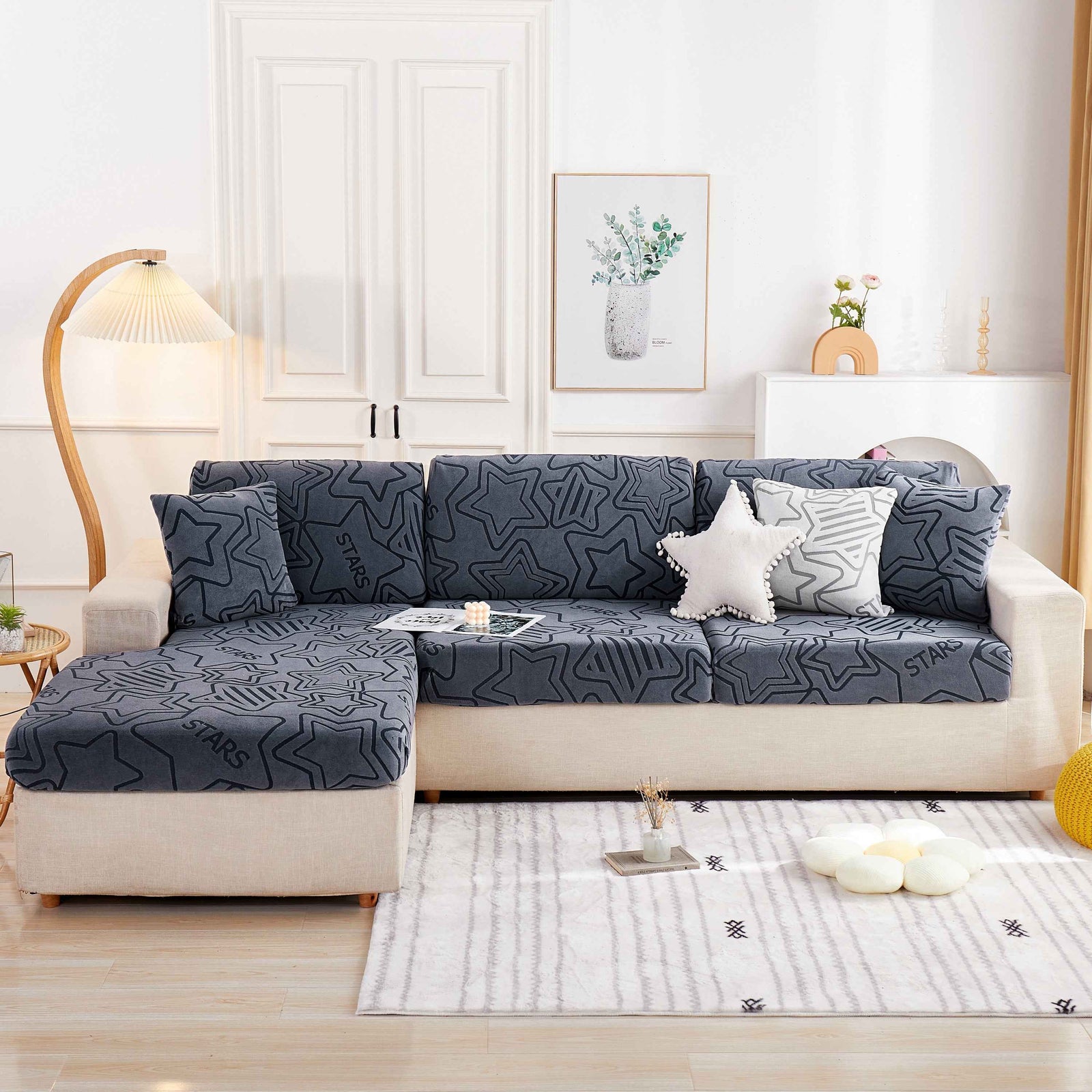 Starry Sky Jacquard Fleece Stretchable Non-Slip Cushion Covers Furniture Covers for L-Shaped Couch
