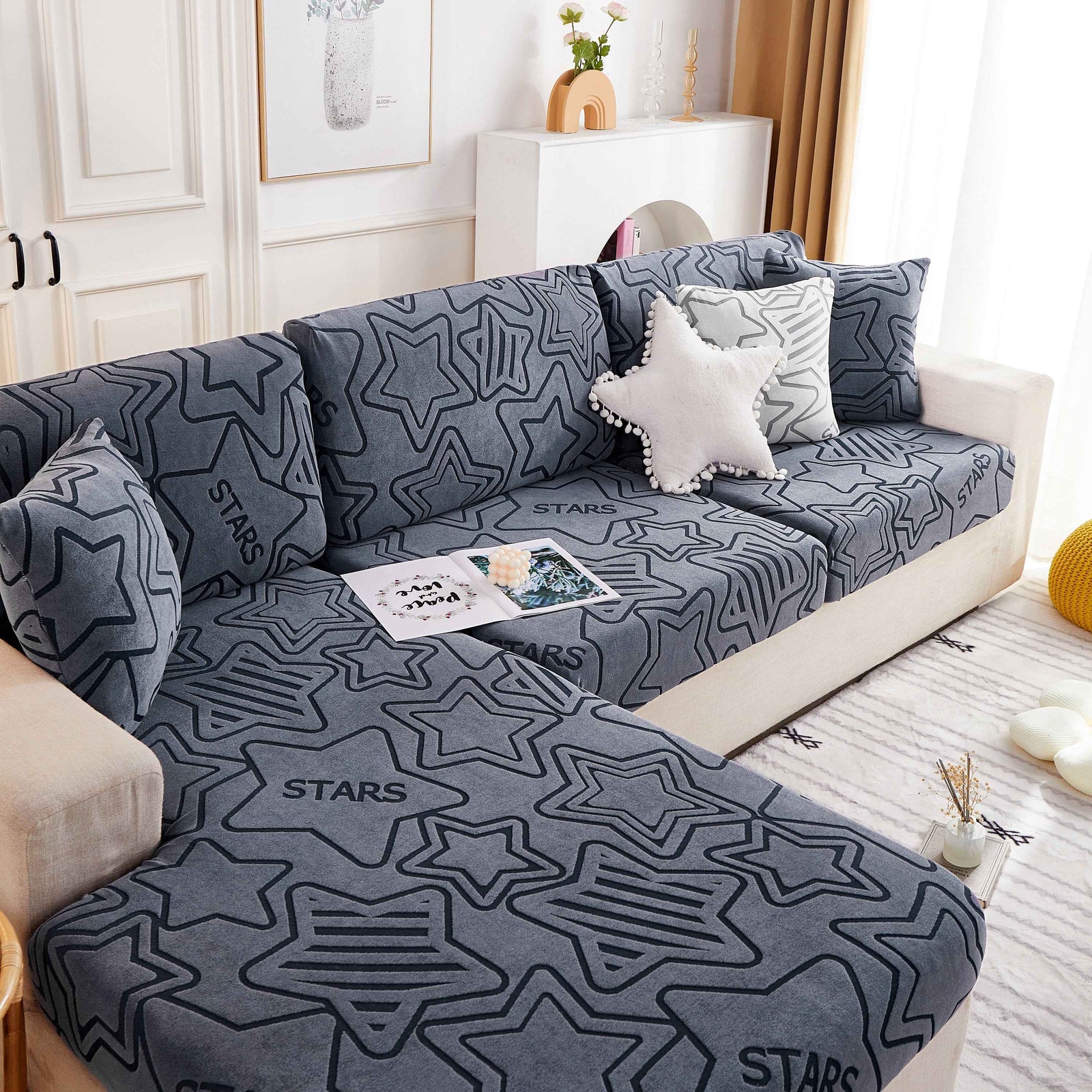 Starry Sky Jacquard Fleece Stretchable Non-Slip Cushion Covers Furniture Covers for L-Shaped Couch