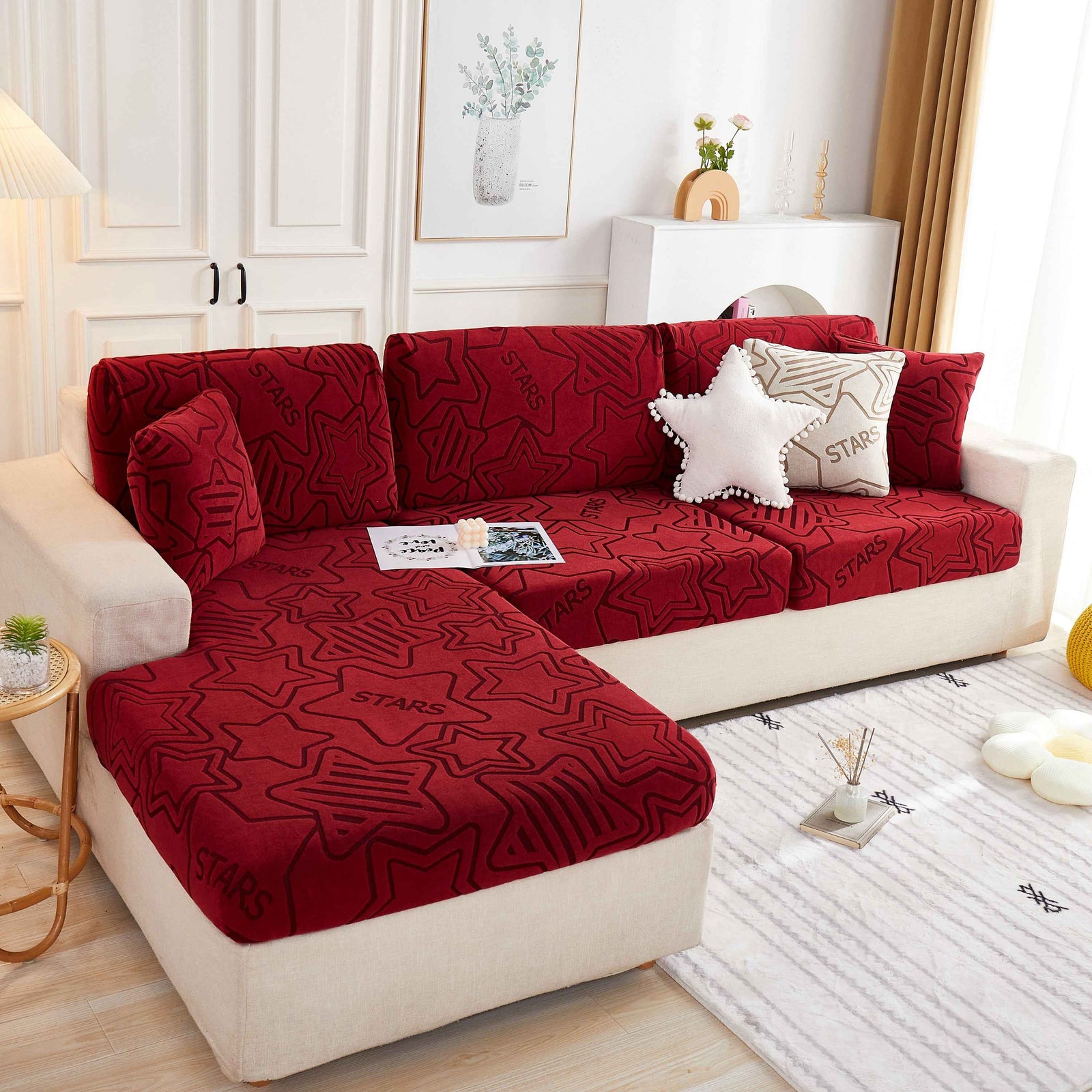 Starry Sky Jacquard Fleece Stretchable Non-Slip Cushion Covers Furniture Covers for L-Shaped Couch