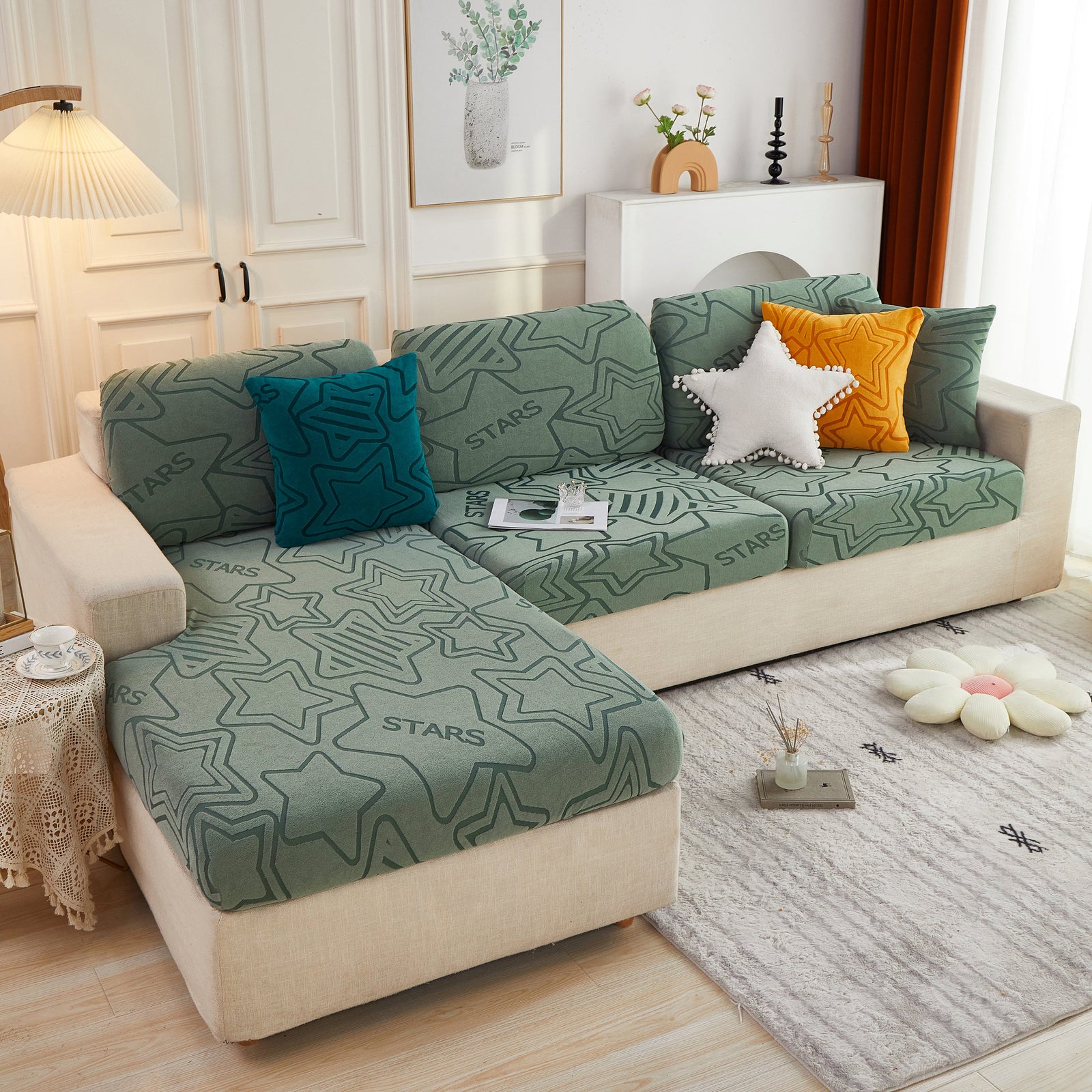 Starry Sky Jacquard Fleece Stretchable Non-Slip Cushion Covers Furniture Covers for L-Shaped Couch