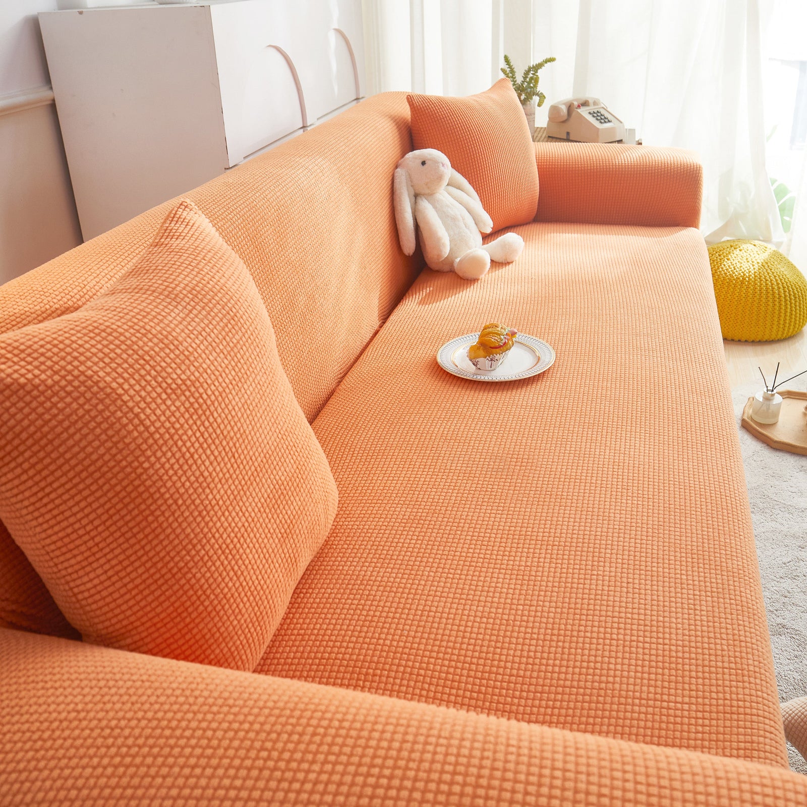 Grid Textured Stretch Sofa Cover, Soft Elastic Slipcover for Couch Protection
