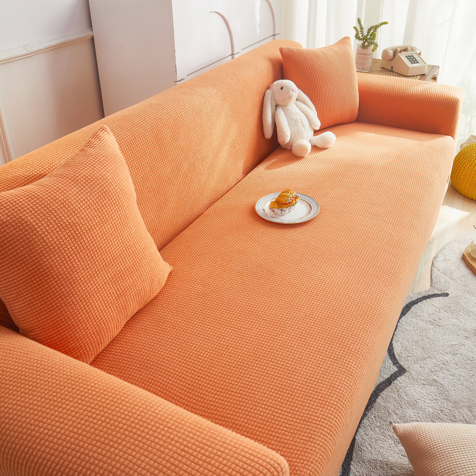 Grid Textured Stretch Sofa Cover, Soft Elastic Slipcover for Couch Protection
