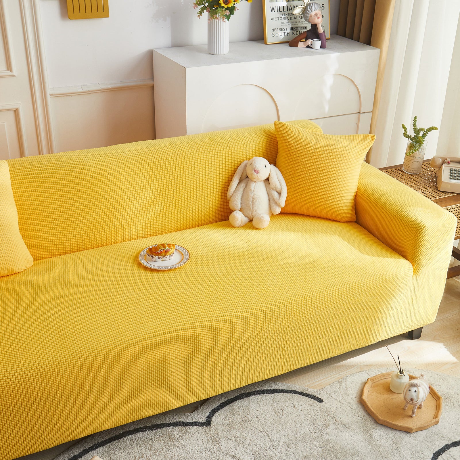 Grid Textured Stretch Sofa Cover, Soft Elastic Slipcover for Couch Protection