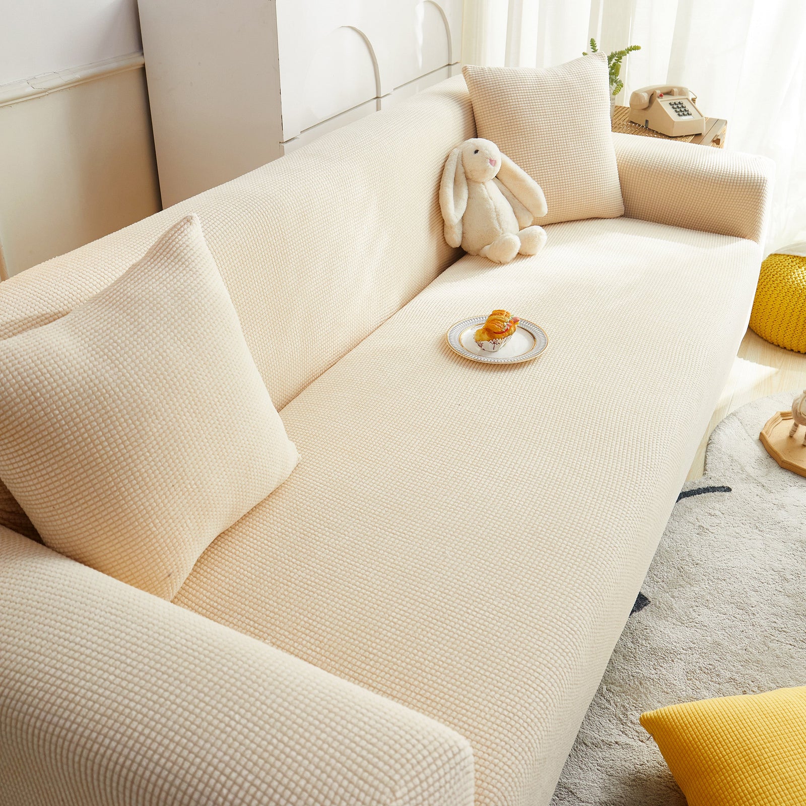 Grid Textured Stretch Sofa Cover, Soft Elastic Slipcover for Couch Protection