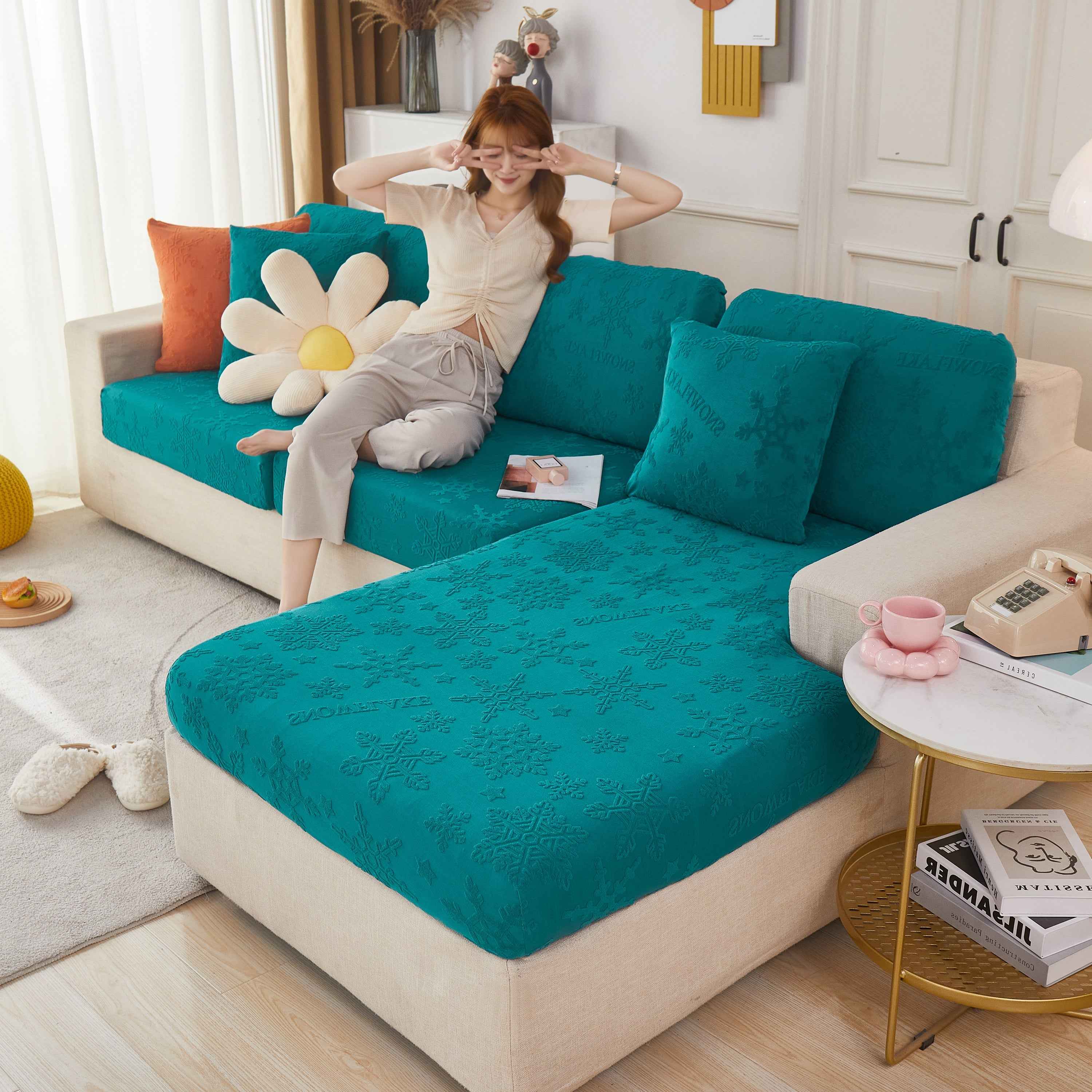 Jacquard Fabric Couch Cushion Covers, Elastic Stretch Sofa Protector for L-Shaped Couches and Pet-Friendly Living Rooms
