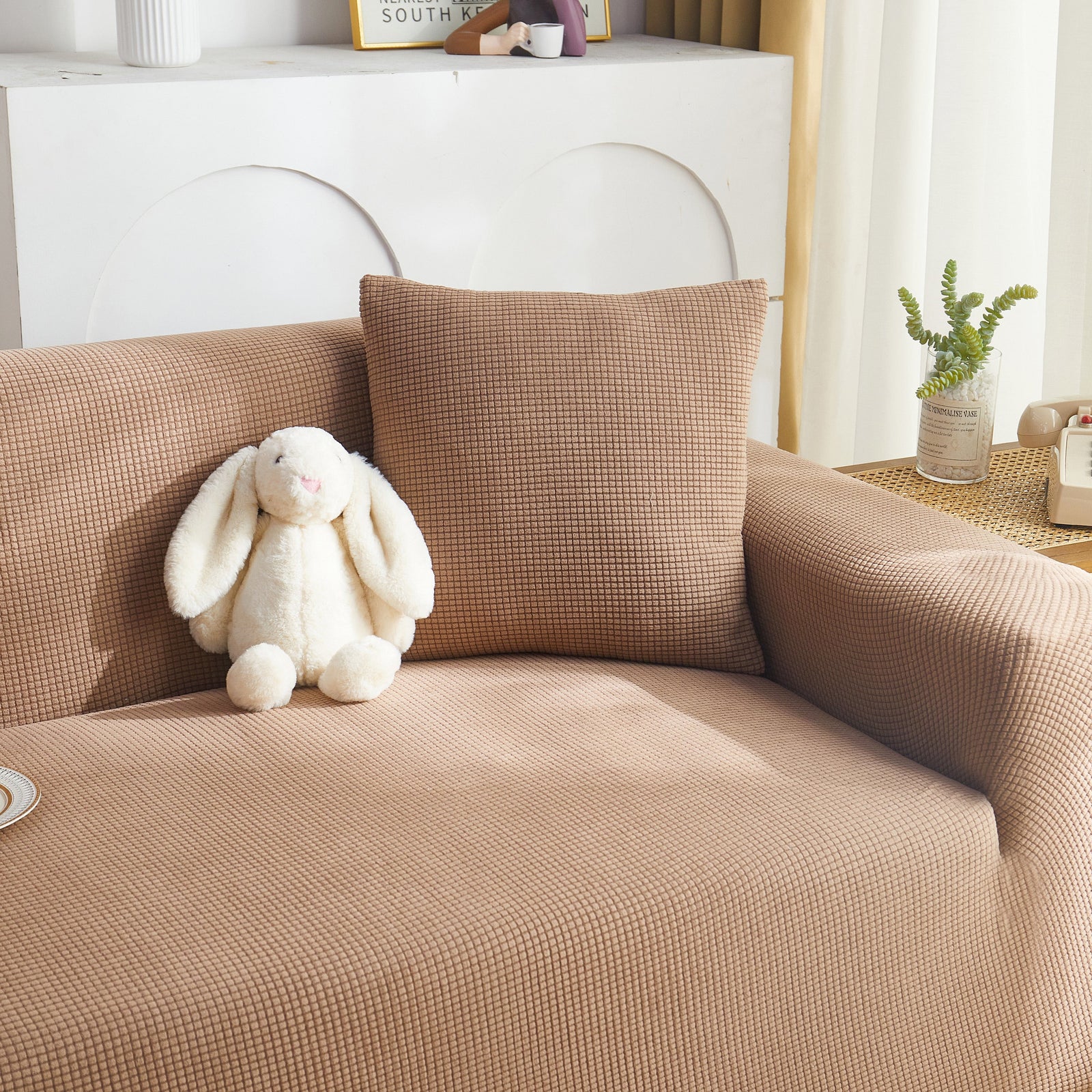 Grid Textured Stretch Sofa Cover, Soft Elastic Slipcover for Couch Protection