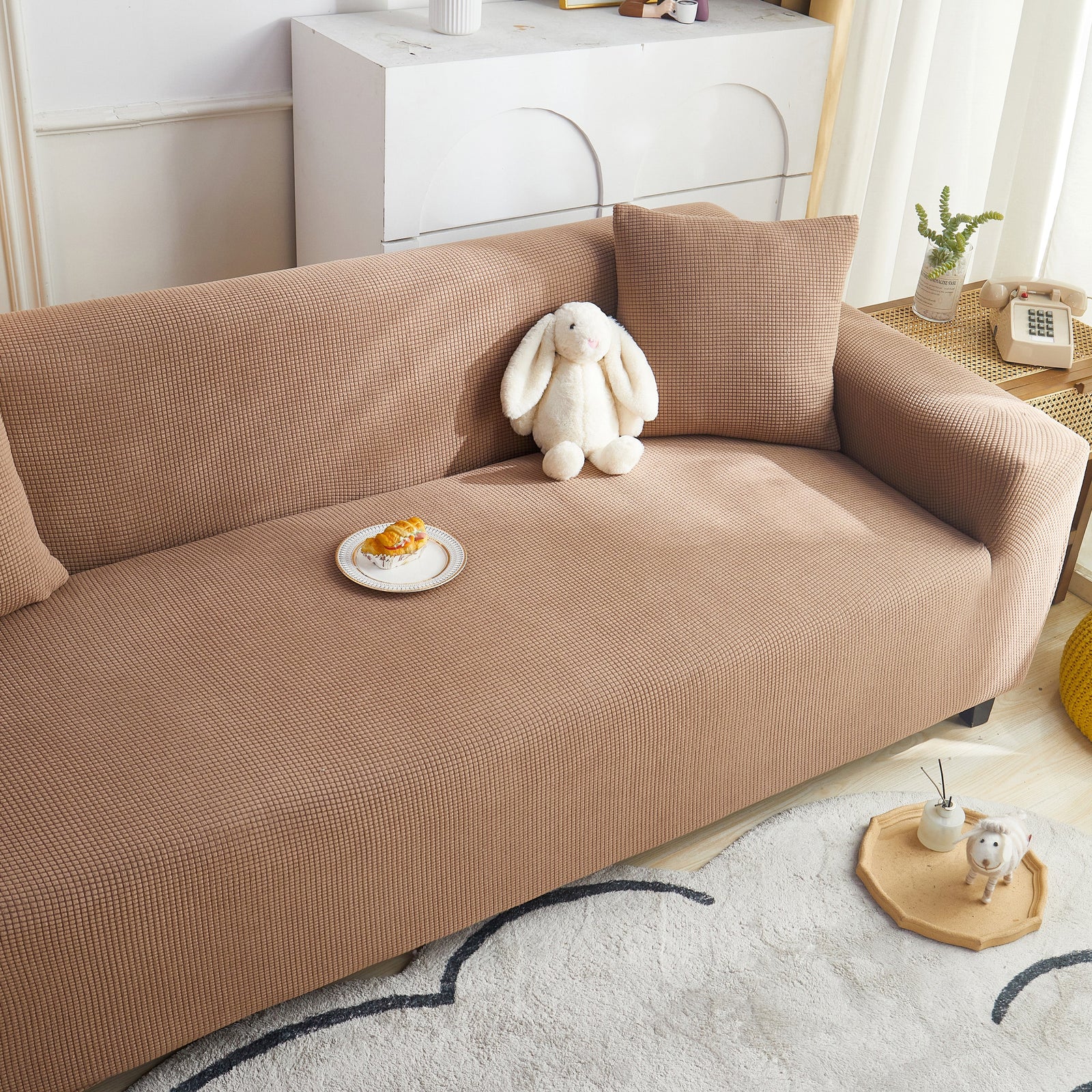 Grid Textured Stretch Sofa Cover, Soft Elastic Slipcover for Couch Protection