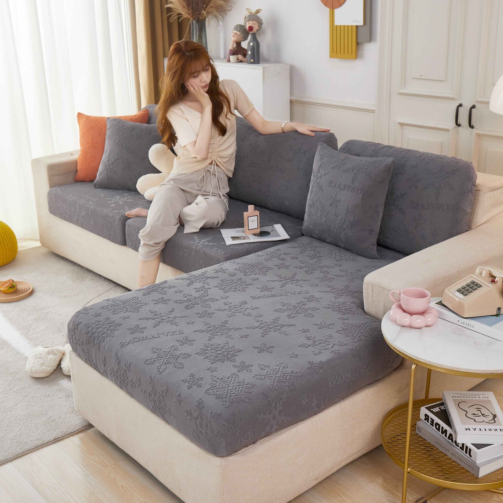 Jacquard Fabric Couch Cushion Covers, Elastic Stretch Sofa Protector for L-Shaped Couches and Pet-Friendly Living Rooms