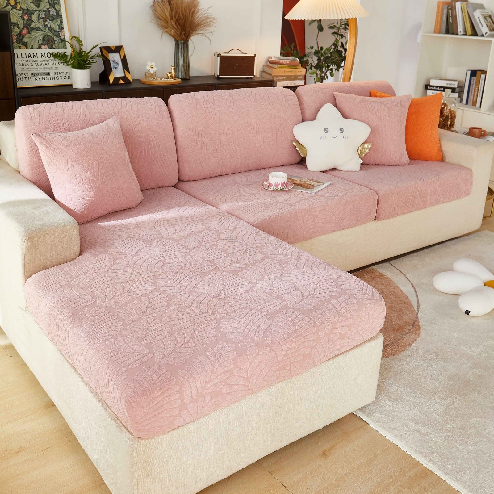 Leaf Pattern Jacquard Fabric Stretchable Cushion Cover, Non-Slip Furniture Protector for Kids, L Shaped Couch Covers