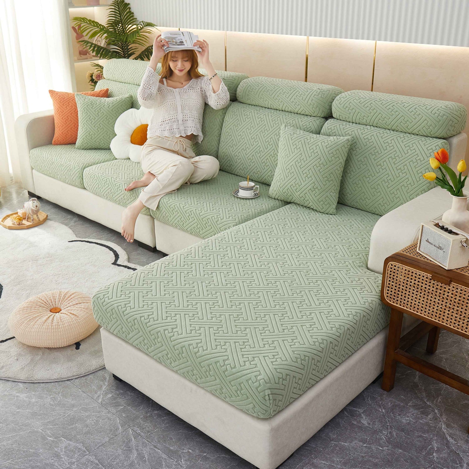 Cozy Polar Fleece Cushion Covers, Pet Friendly Stretch Sofa Covers for L-Shaped Couch and Recliner