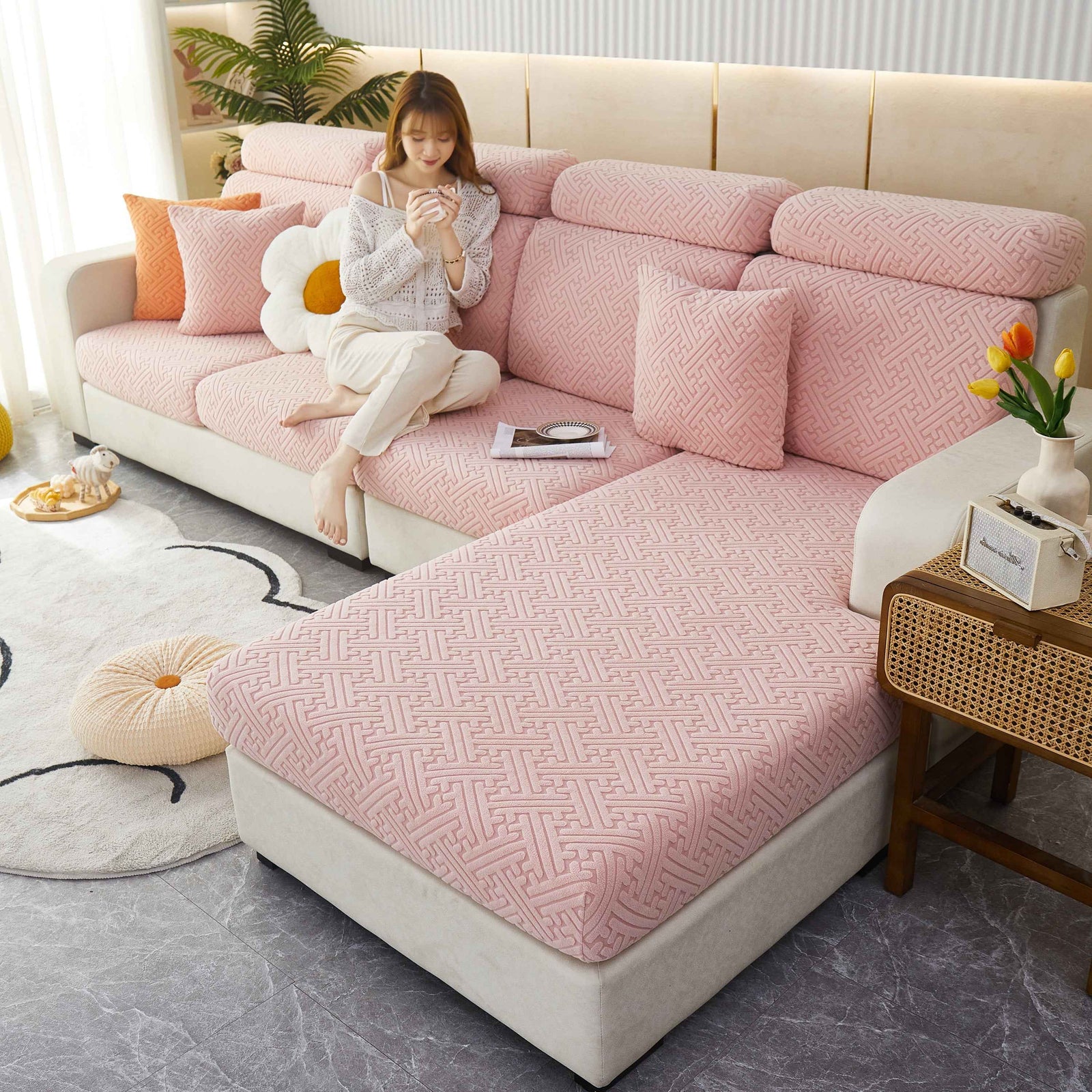 Cozy Polar Fleece Cushion Covers, Pet Friendly Stretch Sofa Covers for L-Shaped Couch and Recliner
