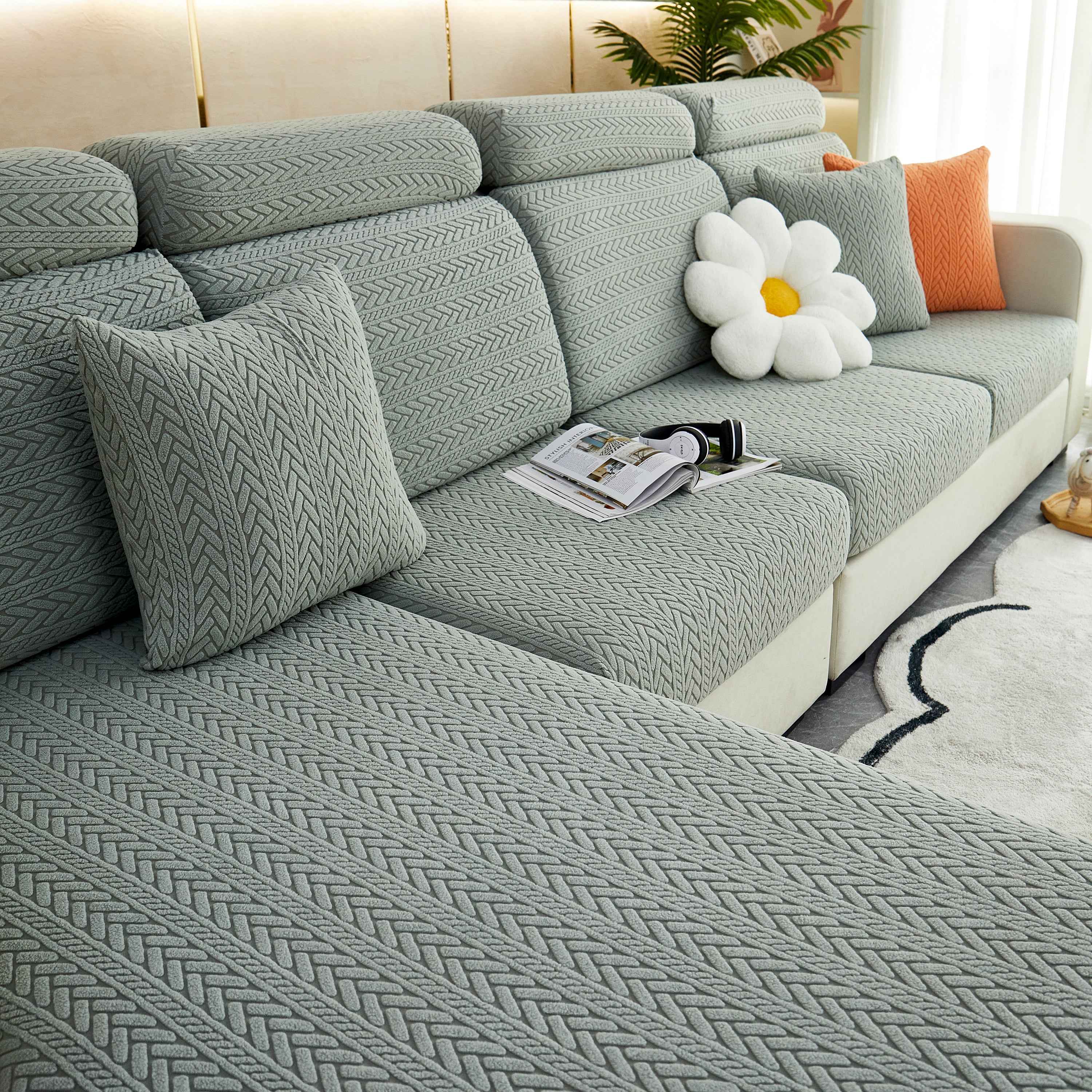 Stretchable Jacquard Polar Fleece Sofa Cover Non-Slip Furniture Protector for Pets L-Shaped Couch Slipcovers