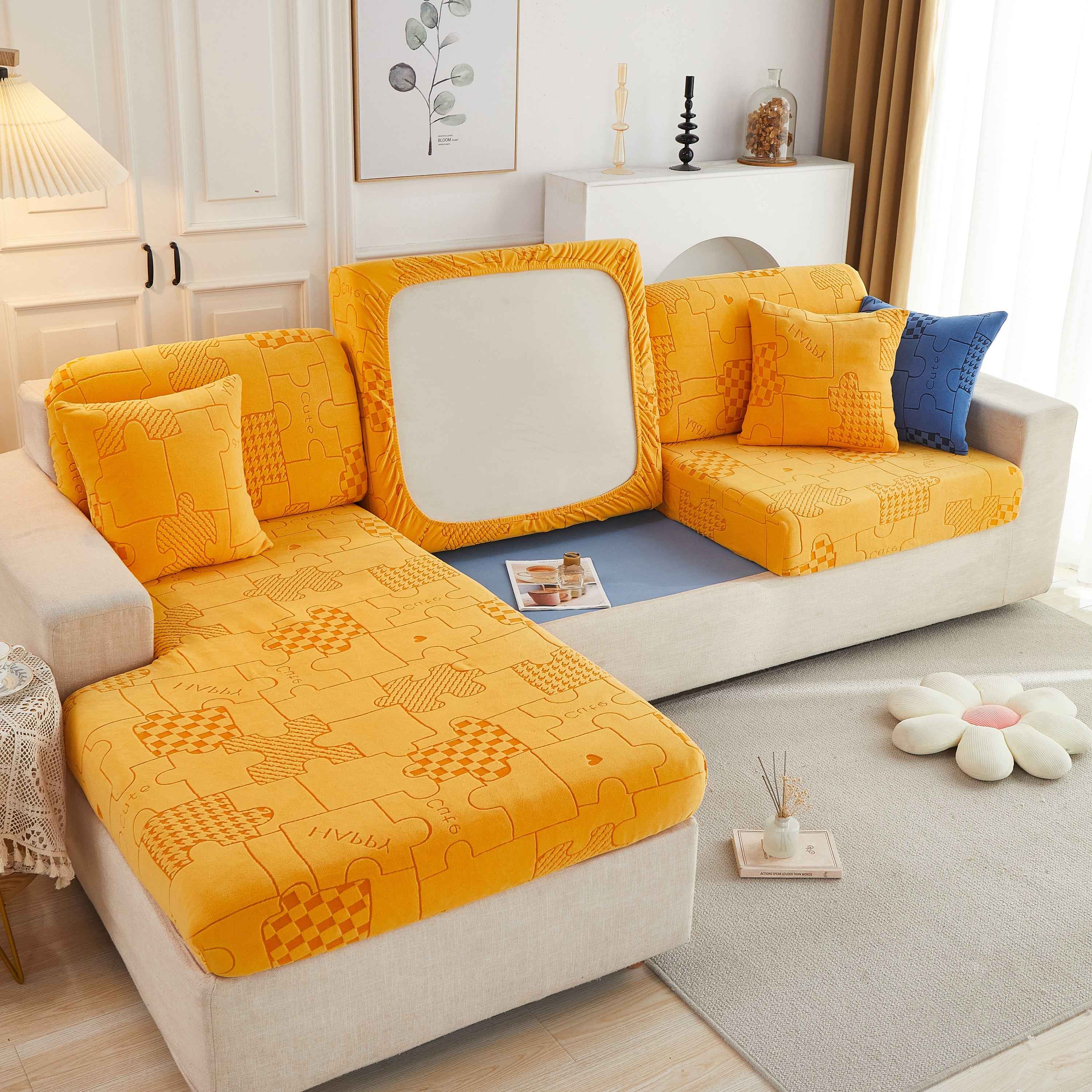 Happy Puzzle Jacquard Fleece Stretchable Cushion Cover, Non-Slip L Shaped Couch Covers for Pets