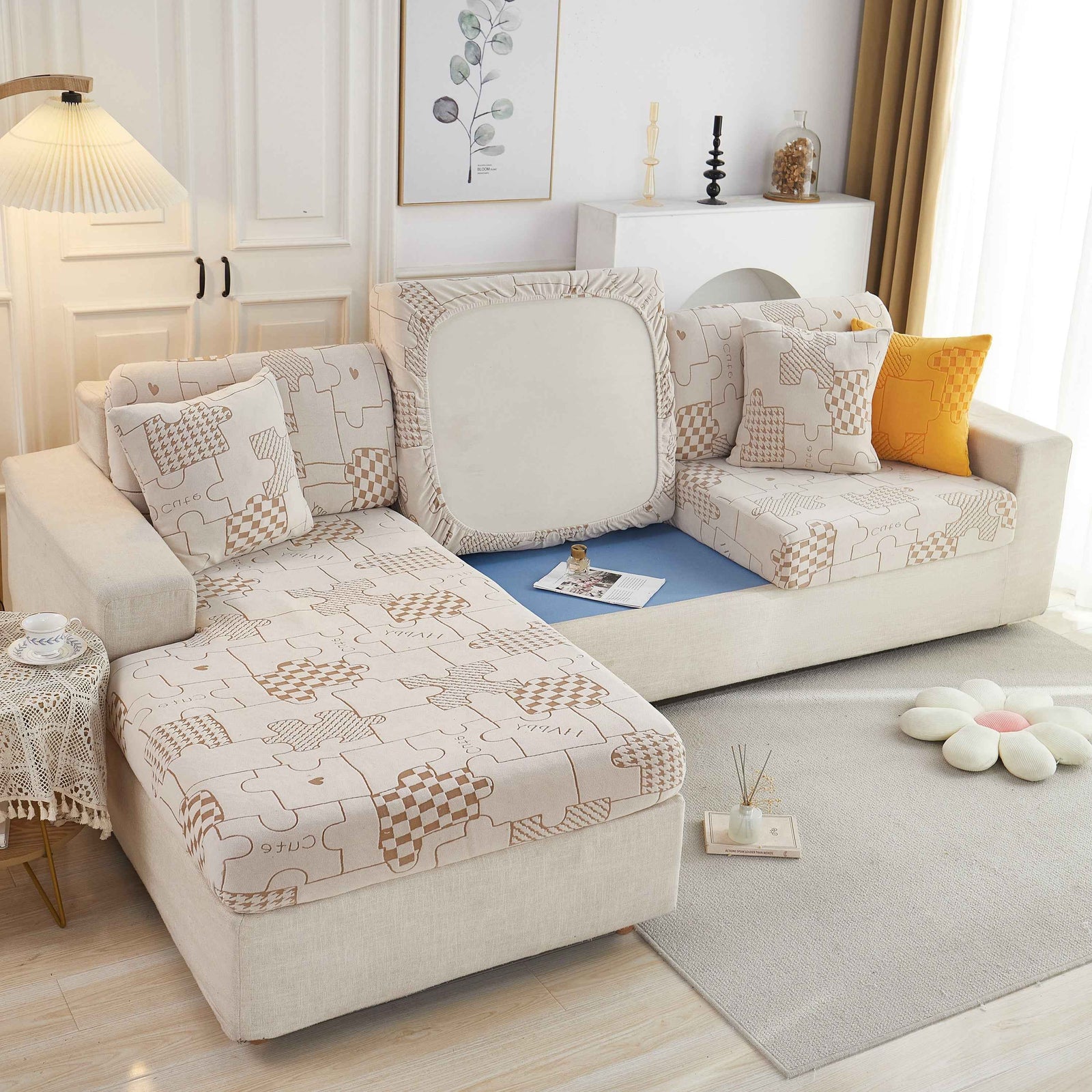 Happy Puzzle Jacquard Fleece Stretchable Cushion Cover, Non-Slip L Shaped Couch Covers for Pets